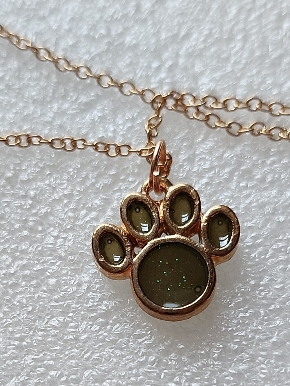Hand Crafted Gold Paw Print Necklace with Olive Green Resin